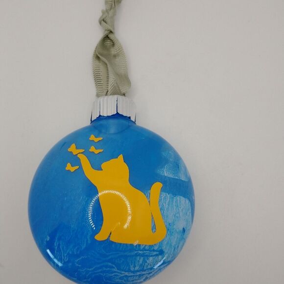 Handmade Cat Christmas  Ornament Decorations Blue Yellow Plastic Bulb - Picture 3 of 6
